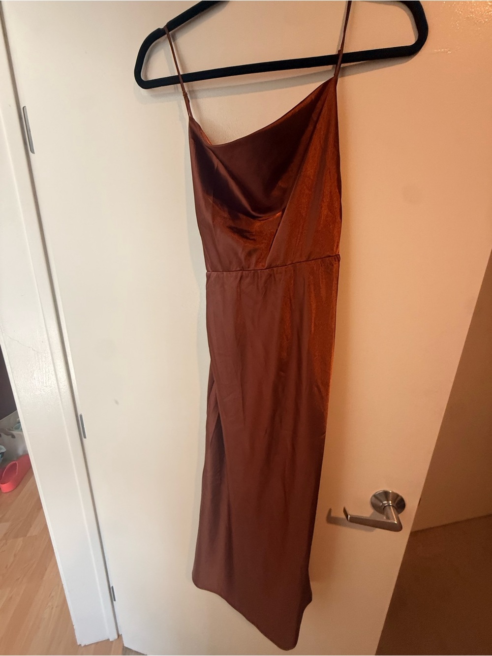 Grave loves lace bridesmaid copper mid length tie back satin dress